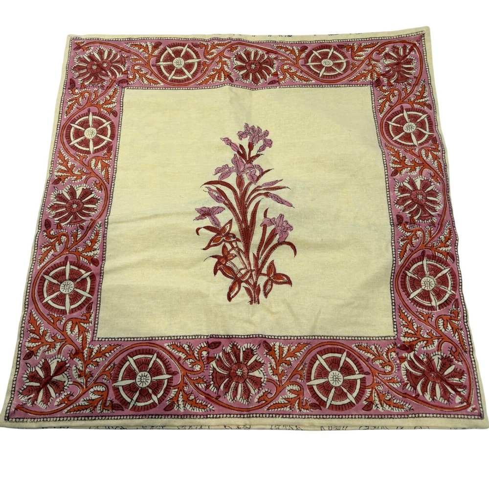 Fabindia Vintage Cotton Block Print Floral Pillow Cover 16x16 Made in India